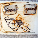 MIra Schor, Voice and Speech, 2010, ink, gesso and rabbit skin glue on linen, summer studio snapshot