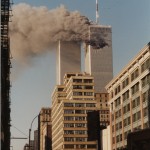 World Trade Center, view south from teh corner of Lispenard and Chruch STreet, September 11, 2001, 9:01 (EDT) [approximate time based on chronologies of the day]