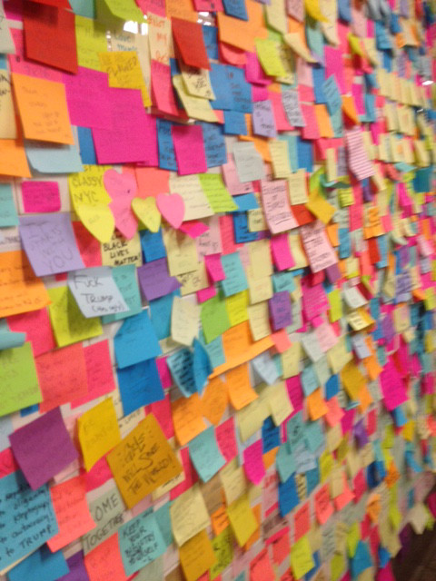 Jennifer Bartlett, A few days after the election a pop-up artist/therapy piece began growing in the Union Square subway station. Passersby were encouraged to write a message to the world [in response to the election] on a "sticky note." 