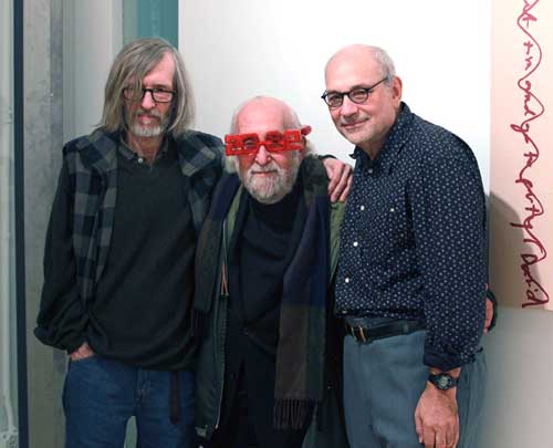 l. to r.,Tom McEvilley, Jerry Rothenberg, and Charles Bernstein, M/E/A/N/I/N/G 25th Anniversary party at Accola Griefen Gallery, December 15, 2011 
